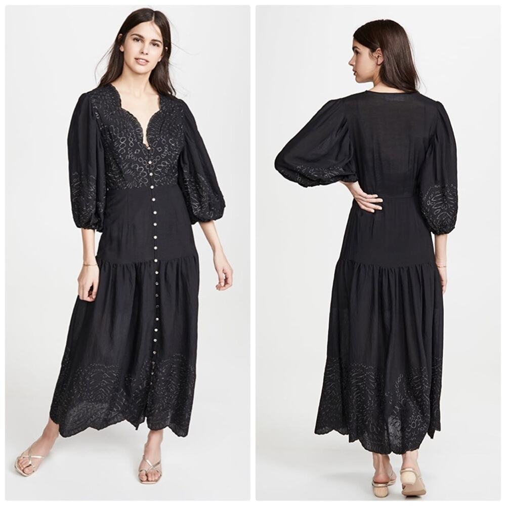 Keepsake Without Me Black Embroidered V-neck Puff Sleeve Dress Size 0-2 NEW - Picture 1 of 6